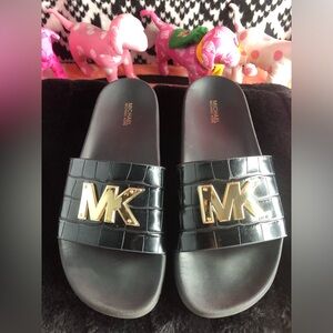 Michael Kors Black Gilmore Slides with Big Gold MK Emblem